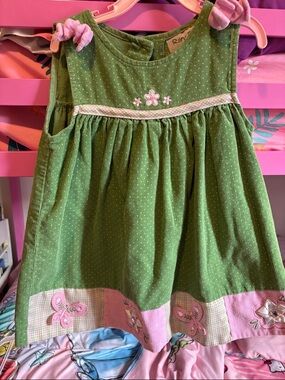 Green and Pink Embroidered Butterfly Sleeveless Dress for Girls